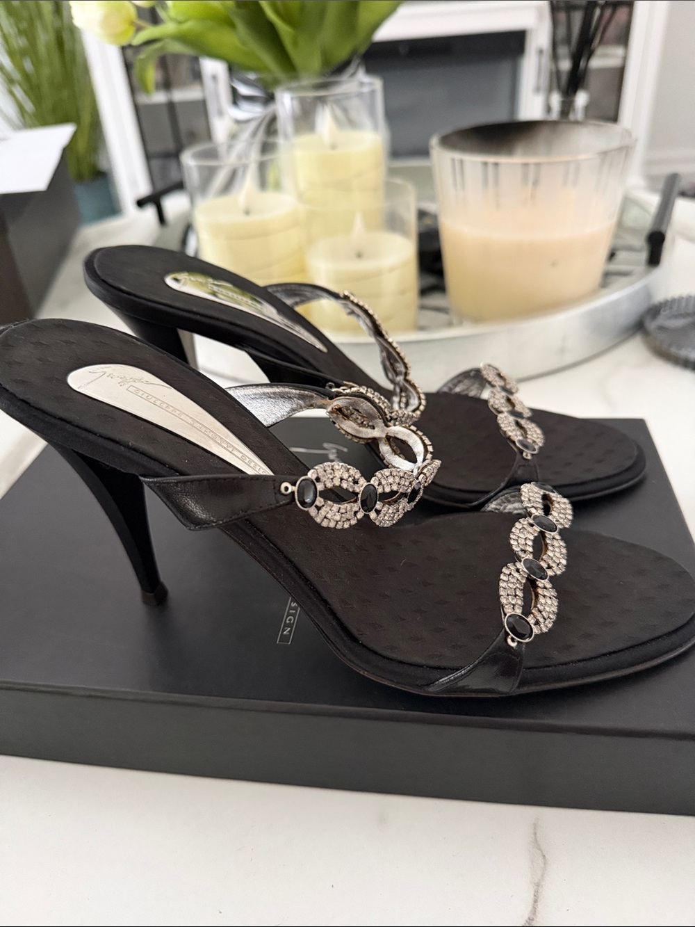 NWT Giuseppe Zanotti Black Rhinestone-Embellished Slide Sandals - Picture 2 of 8